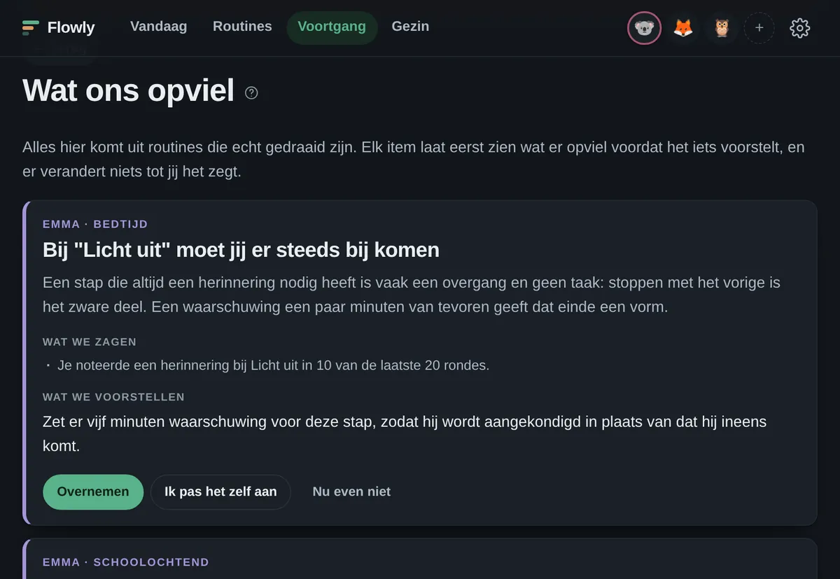 Wat Flowly opviel, met onder elk voorstel: overnemen, zelf aanpassen, nu even niet.