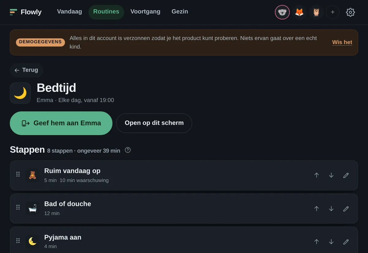 Een routine open in Flowly, met elke stap, het plaatje en de minuten.